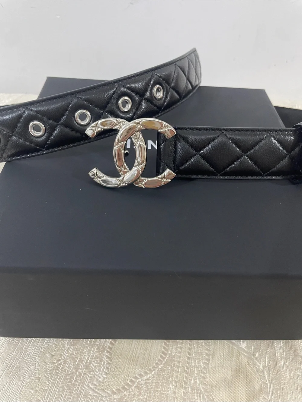 Chanel new cc silver logo black leather belt 85cm/34in